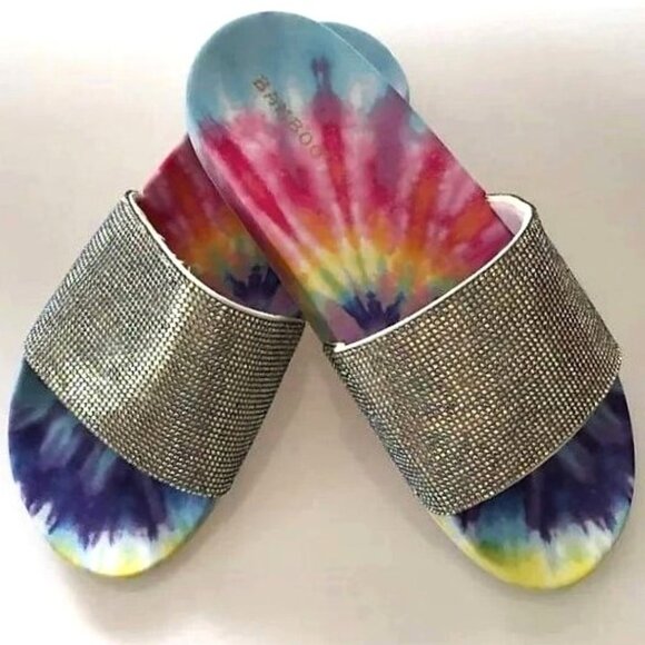 BAMBOO TIE DYE RHINESTONE SLIDES LINDY - Picture 1 of 10